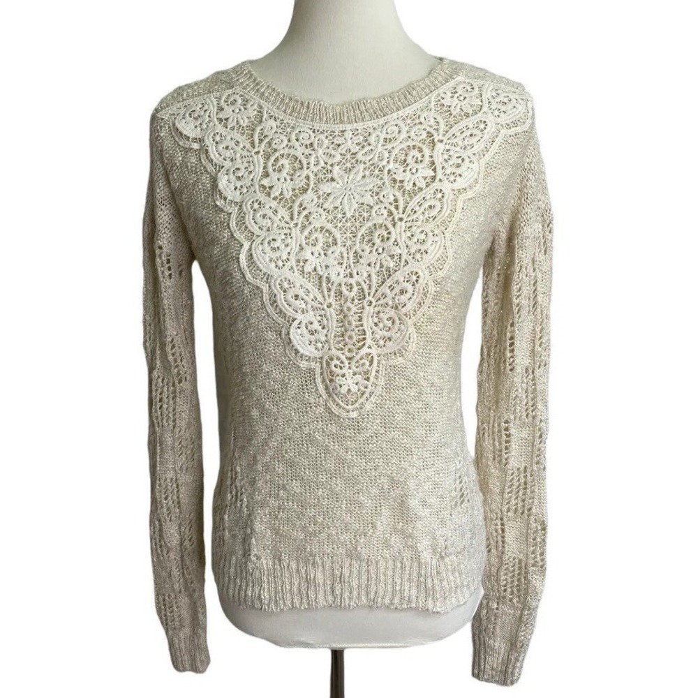 Marled Reunited Clothing Crochet Lace Bib Sweater Womens Size M Cream